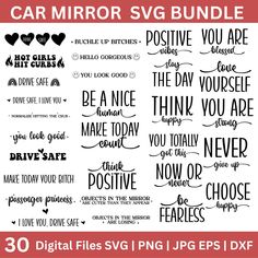 car mirror svg bundle with 30 different sayings and phrases for use in the design