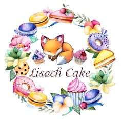 a watercolor painting of a fox surrounded by donuts and cupcakes with the words lisoh cake