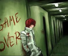 a person standing in a hallway with the words game over painted on it