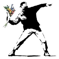 a black and white drawing of a man holding flowers