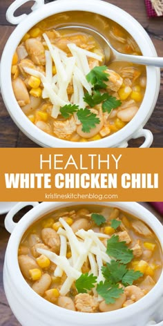 two bowls of healthy white chicken chili with parsley