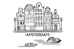 a black and white drawing of some buildings with the words amsterdam in front of them