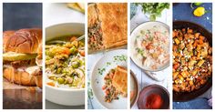 several different pictures of food including bread, soup and vegetables