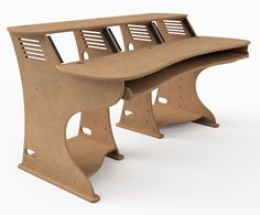 two benches made out of cardboard sitting next to each other on a white surface with holes in them