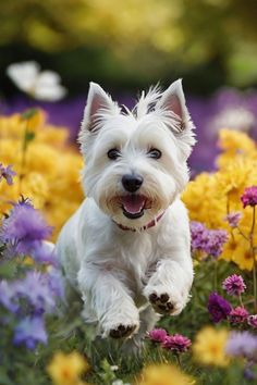 a small white dog running through a field of flowers