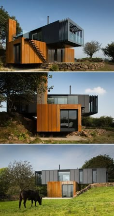 three different views of the exterior of a modern house with wood and metal sidings