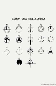 an image of different types of symbols in black and white, with the words north sign indicators