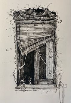 a black and white drawing of an open door to a room with wood slats