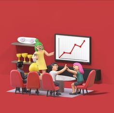 people sitting at a table in front of a tv with a graph on the wall