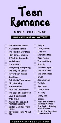 the teen romance movie challenge checklist is shown in black and white, with purple background