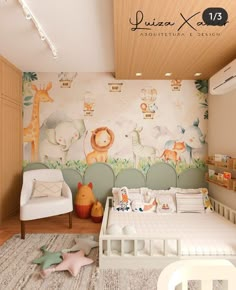 a child's room with a bed, chair and wallpaper in pastel colors