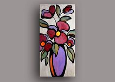 an abstract painting with flowers in a vase on a gray background, painted by person