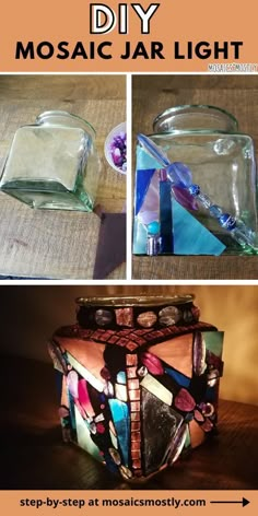 the instructions for how to make mosaic jar light with glass bottles and other items in it