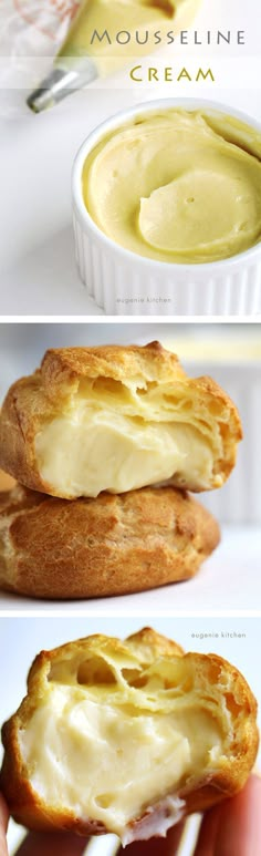 there are three different pictures of bread with cream in them