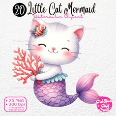 a white cat mermaid with fish and coral