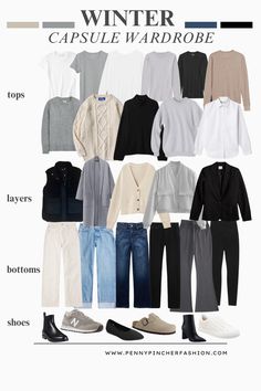 Full Capsule Wardrobe, London Winter Wardrobe, Colorado Capsule Wardrobe, Cool Weather Travel Capsule, Cold Weather Outfits Travel, Travel Light Winter Outfits, European Winter Capsule Wardrobe, Winter Packing Capsule, Winter Weekend Packing List