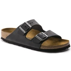 Arizona Oiled Leather Black | BIRKENSTOCK Fake Birkenstocks, Fye Shoes, Black Birkenstock, Birkenstock Sandals Arizona, Two Strap Sandals, Hijab Styles, Birkenstock Sandals, Black Oil, Stylish Sandals