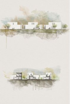 two watercolor drawings of houses with trees in the background