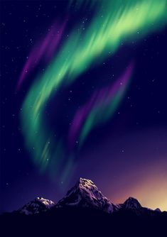 the aurora bore is shining brightly in the night sky over mountains and snow capped peaks