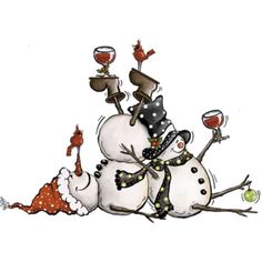 a snowman with two wine glasses on his head and one holding a glass of wine