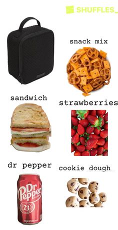 an image of food that is labeled in the english and french words, including waffles, sandwich, strawberries, dr pepper, cookie doughnuts, snack mix