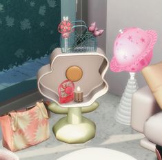 there is a table with many items on it and a pink lamp in the corner