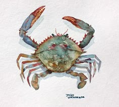 a painting of a blue crab on white paper with watercolng and inks