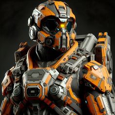 an orange and gray robot is standing in front of a black background with his hands on his hips