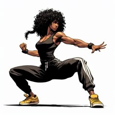 an illustration of a woman with afro hair and yellow tennis shoes doing a dance move