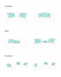 four different types of couches with pillows on them and the words love seat, sofa sectional