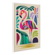 a colorful flamingo painting on a white wall