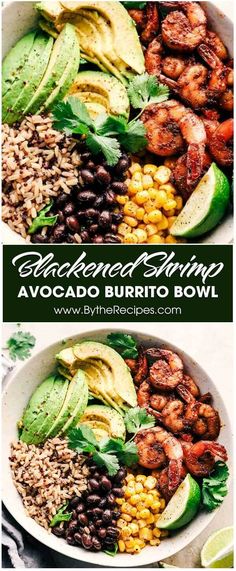 a bowl filled with shrimp and avocado burrito bowls