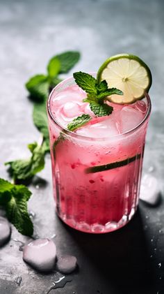 a pink drink with mint and lime garnish on the rim next to ice cubes