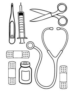 medical supplies are shown in this black and white drawing, including a stethoscope