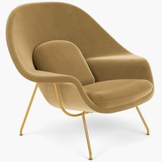 a beige chair with gold legs on a white background