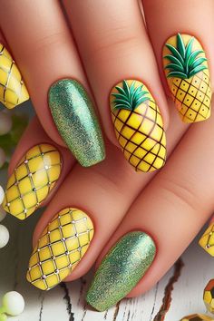 33 Fruit Nail Art Ideas for Summer Fun 2024 Summer Fruit Nail Art, Fruit Nails Design, Fruit Nails Acrylic, Olivia Nails, Pineapple Nail Design