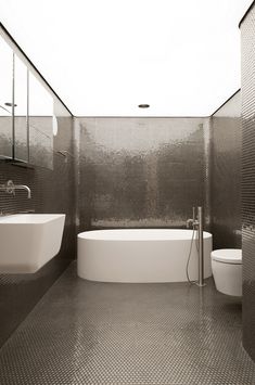 a bathroom with two sinks and a bathtub in the middle, surrounded by metal mesh walls