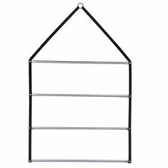 a black metal shelf with three shelves on each side and one hanging from the ceiling