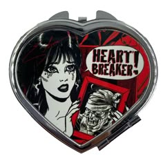 Elvira heartbreaker heart shaped compact, metal compact with non magnifying mirror inside, compact approx 2.75" w, an exclusive bootique valentines deisgn. Printed in the USA Cool Items To Buy, Goth Gifts, Emo Gifts, Black Cat Aesthetic, Weird Gifts, Magnifying Mirror, Metal Heart, Compact Mirror, Funky Jewelry