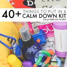 the back of a bag filled with toys and other things to put in a calm down kit