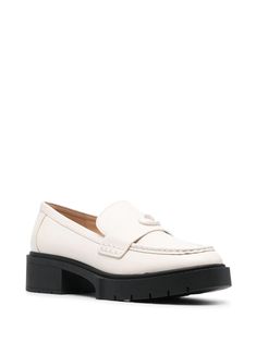 Coach Leah Chunky Sole Leather Loafers - Farfetch Chalk White, Low Block Heels, Leather Logo, All Brands, Leather Loafers, Calf Leather, Block Heels, Chalk, Almond