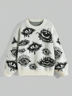 Eyes Pattern Drop Shoulder Sweater Multicolor Casual  Long Sleeve Knitwear Graphic Pullovers Slight Stretch  Women Clothing, size features are:Bust: ,Length: ,Sleeve Length: Mushroom Style Clothes, Eyes On Clothes, Eyeball Clothes, Eyeball Sweater, Weirdcore Clothes, Eye Clothing, Leopard Clothes, Weirdcore Outfits, Graphic Knit Sweater