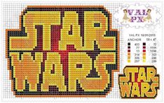 a cross stitch pattern with the words star wars written in red and yellow letters on it