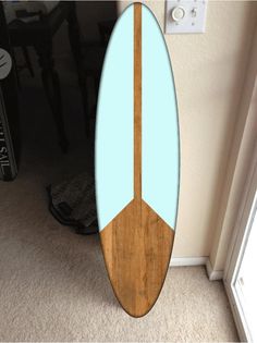 a surfboard is standing up against the wall in front of a door and carpeted floor