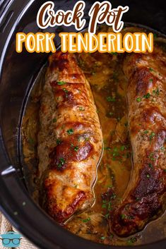 crock pot pork tenderloin in a slow cooker with text overlay