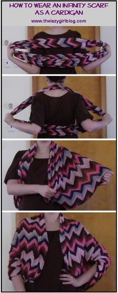 The Lazy Girl Blog: How to wear an infinity scarf as a cardigan Scarf As A Cardigan, Wear A Scarf, How To Wear A Scarf, Diy Vetement, Scarf Tying, How To Wear Scarves, Blanket Scarf, Girl Blog, Sarong