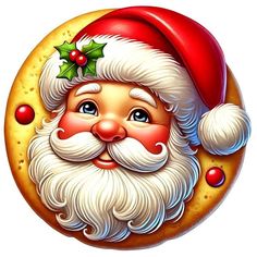 a close up of a santa clause face on a cookie with holly and mists