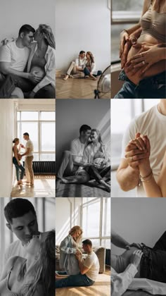 a collage of people sitting and standing around each other in different positions, with one woman holding the man's hand