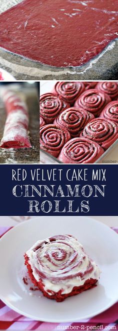 red velvet cake mix cinnamon rolls on a white plate with text overlay that says red velvet cake mix cinnamon rolls