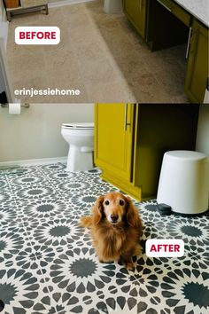 Before After Bathroom Makeover. There are not enough words to describe this bathroom transformation! Use stencils for your next DIY home project! For this renovation, erinjessiehome used our Cordelia Tile Stencil. Check out this stencil now! Cutting Edge Stencils, Affordable Home Decor Made Easy. Before After Bathroom, Diy Cement, Bathroom Transformation